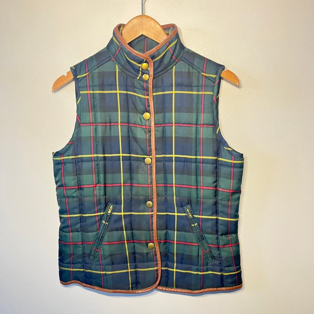 VTG Lauren Ralph Lauren Vest Leather Trim Tartan Plaid Preppy Classic Quilted M